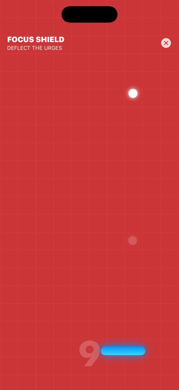 Focus Shield mini-game — deflect falling urges