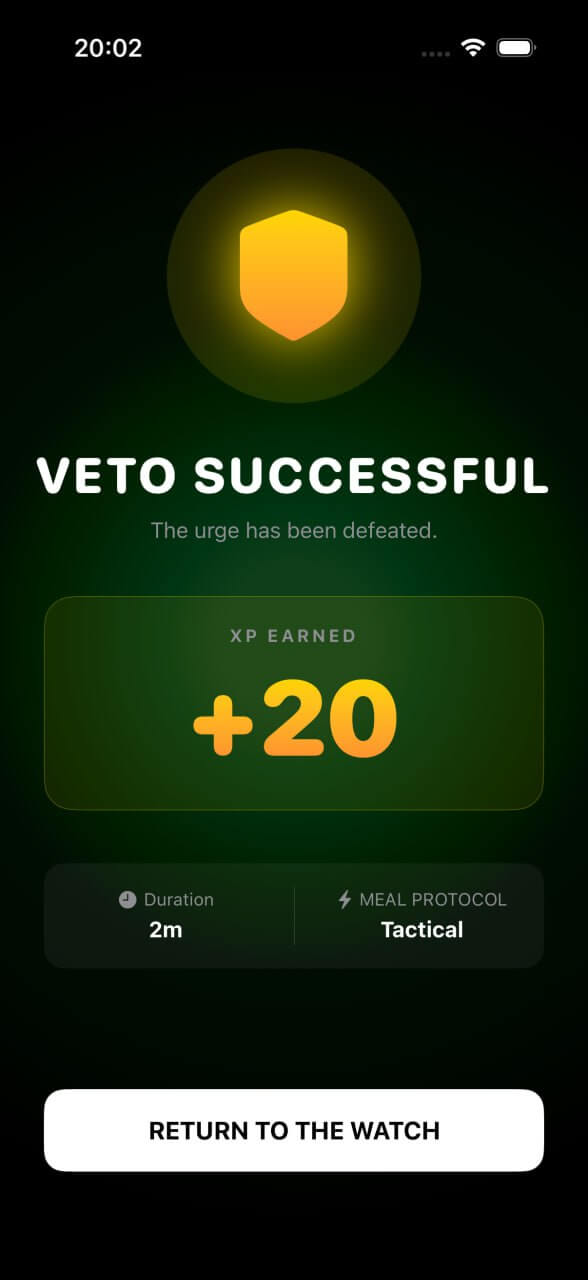 Veto Successful — +20 XP earned, Tactical protocol