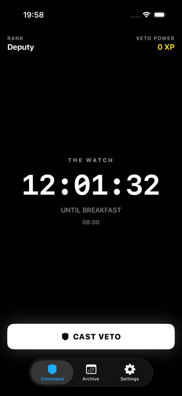 The Watch — countdown timer showing 12:01:32 until breakfast