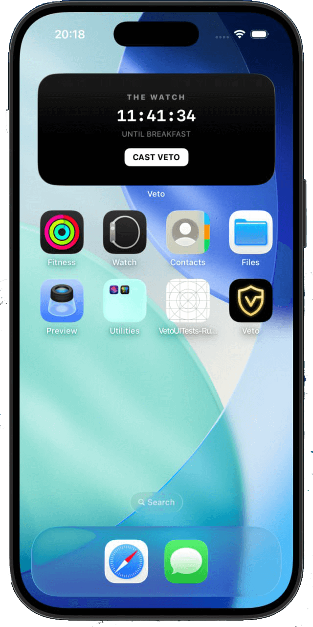 Veto widget on iOS home screen showing countdown and Cast Veto button